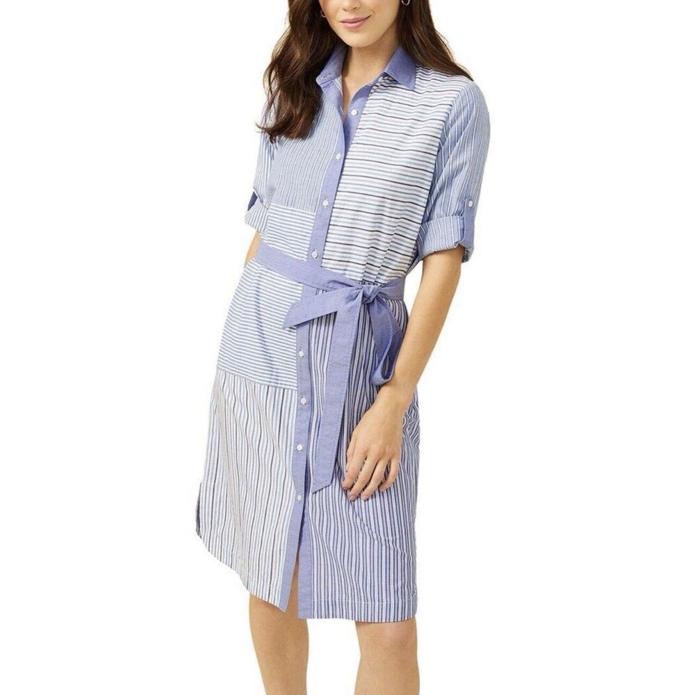 J. McLaughlin Miranda Multi Striped Shirt Dress Size M Spring Blue Summer